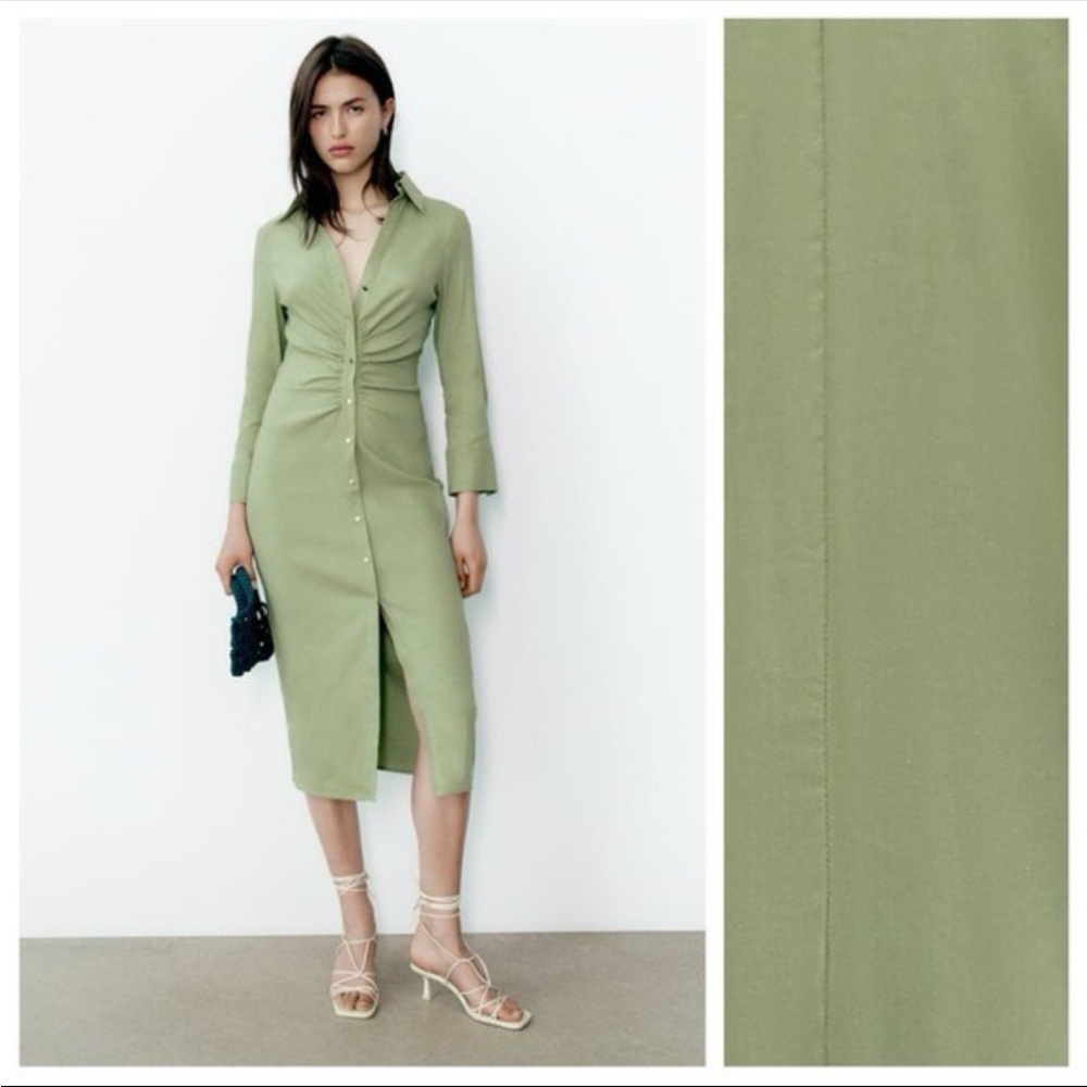 Zara Long Sleeve Button Down Ruched Sage Midi Dress